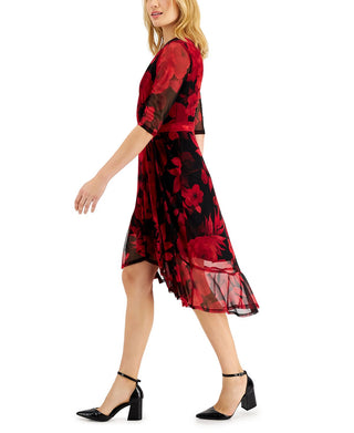 Connected Women's Floral Print Faux Wrap Dress Red Size 4Petite