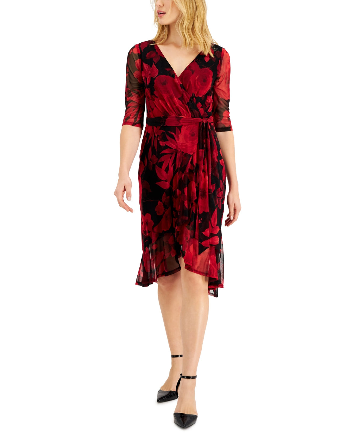 Connected Women's Floral Print Faux Wrap Dress Red Size 4Petite