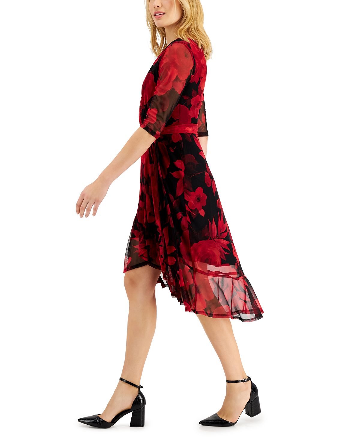 Connected Women's Floral Print Faux Wrap Dress Red Size 14 Petite