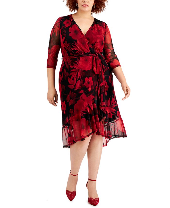 Connected Women's Floral Print Faux Wrap Dress Red Size 18W