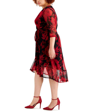 Connected Women's Floral Print Faux Wrap Dress Red Size 18W