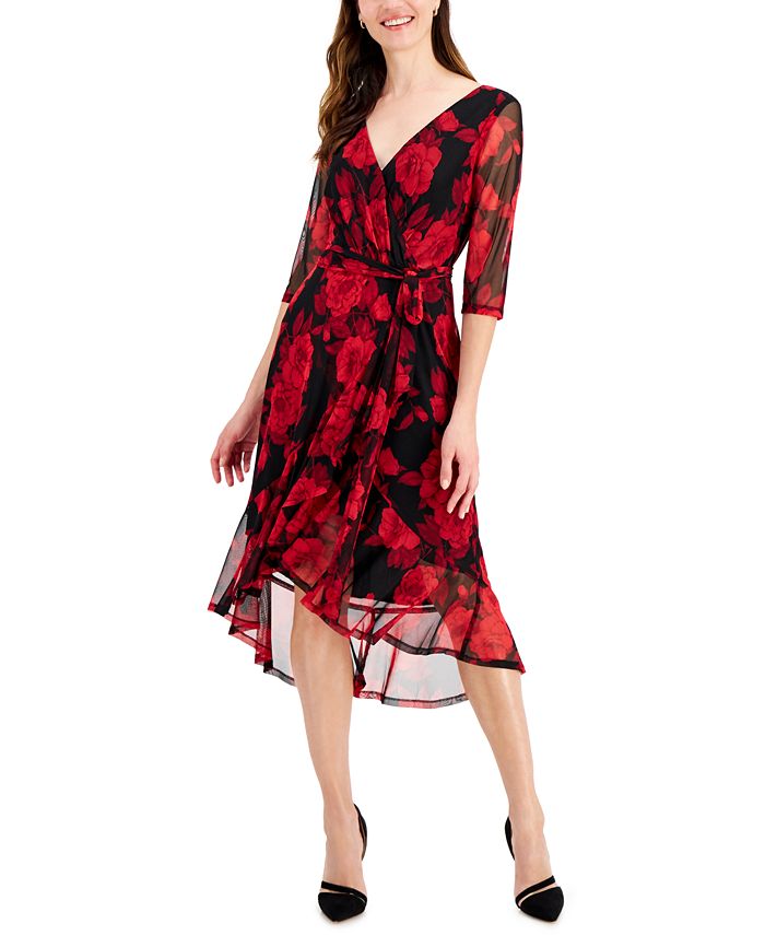 Connected Women's Floral Print Chiffon Faux Wrap Dress Red Size 4