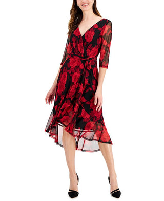 Connected Women's Floral Print Chiffon Faux Wrap Dress Red Size 4
