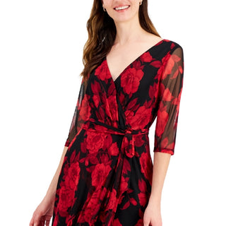 Connected Women's Floral Print Chiffon Faux Wrap Dress Red Size 4