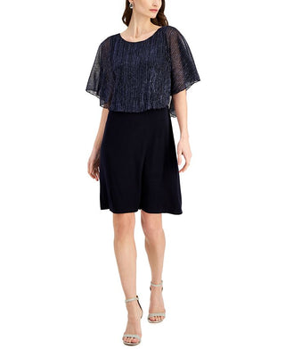 Connected Women's Metallic Threaded Cape Dress Blue Size 12Petite