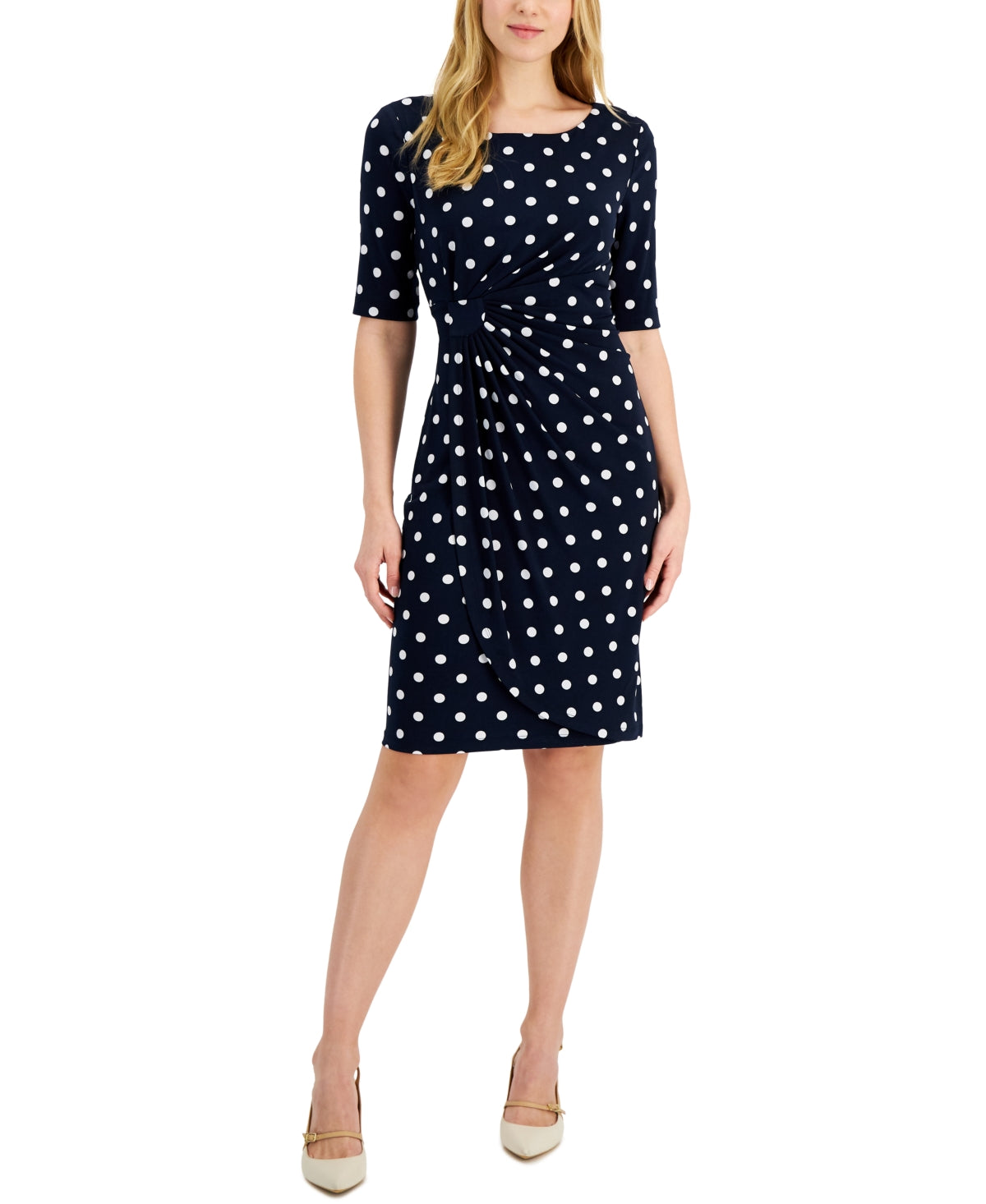 Connected Women's Dot Print Side Tab Sheath Dress Blue Size 6Petite