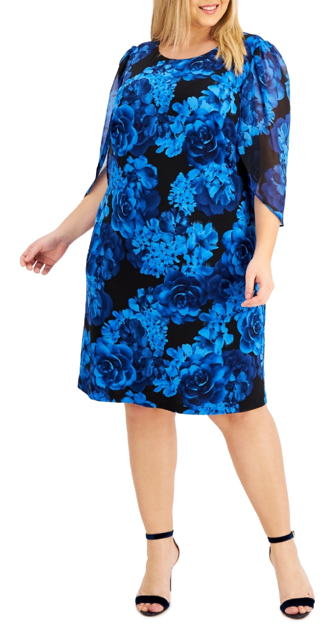 Connected Women's Printed Sheer Sleeve Dress Blue Size 16W