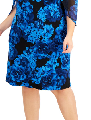 Connected Women's Printed Sheer Sleeve Dress Blue Size 16W
