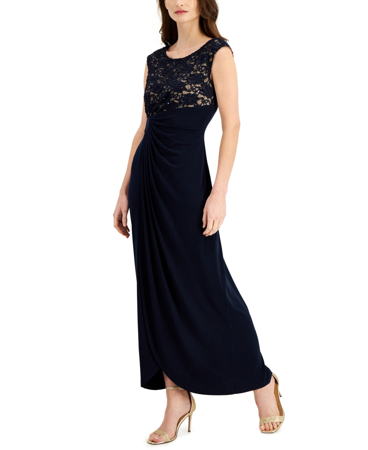 Connected Women's Embellished Cap Sleeve Gathered Waist Gown Black Size 8 Petite