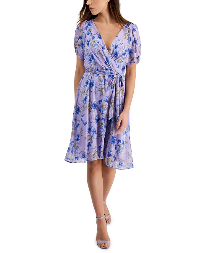 Connected Women's Printed Chiffon Twist Sleeve Fit & Flare Dress Purple Size 6