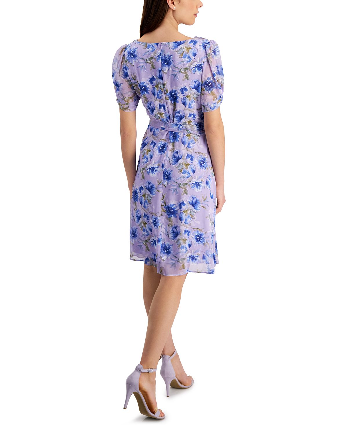 Connected Women's Printed Chiffon Twist Sleeve Fit & Flare Dress Purple Size 6