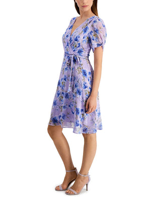 Connected Women's Printed Chiffon Twist Sleeve Fit & Flare Dress Purple Size 6