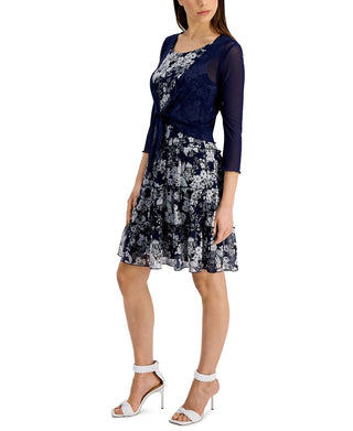 Connected Women's 2 Pc Printed Chiffon Jacket Dress Blue Size 8