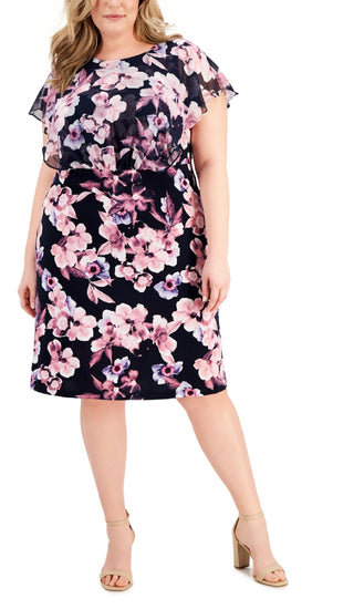Connected Women's Floral Print Popover Midi Dress Pink Size 24W