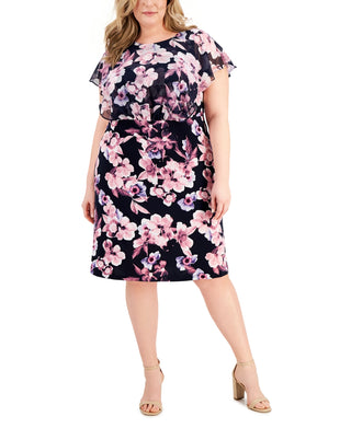 Connected Women's Floral Print Popover Midi Dress Pink Size 24W