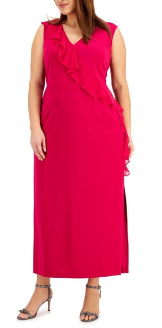 Connected Women's V Neck Ruffle Dress Pink Size 14W