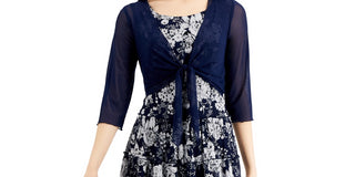 Connected Women's 2 Pc Printed Dress & Mesh Jacket Blue Size 6Petite