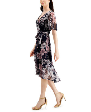 Connected Women's Printed Chiffon Faux Wrap Dress Blue Size 10Petite