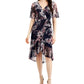 Connected Women's Printed Chiffon Faux Wrap Dress Blue Size 10Petite