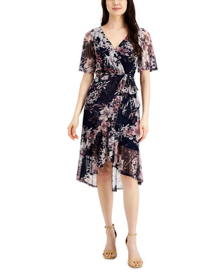 Connected Women's Printed Chiffon Faux Wrap Dress Blue Size 10Petite