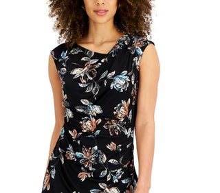 Connected Women's Floral Cap Sleeve Sheath Dress Black Size 14Petite