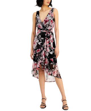 Connected Women's Floral Print Ruffled Wrap Dress Black Size 4