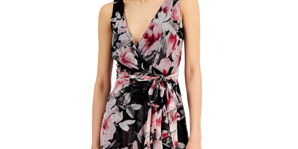 Connected Women's Floral Print Ruffled Wrap Dress Black Size 4