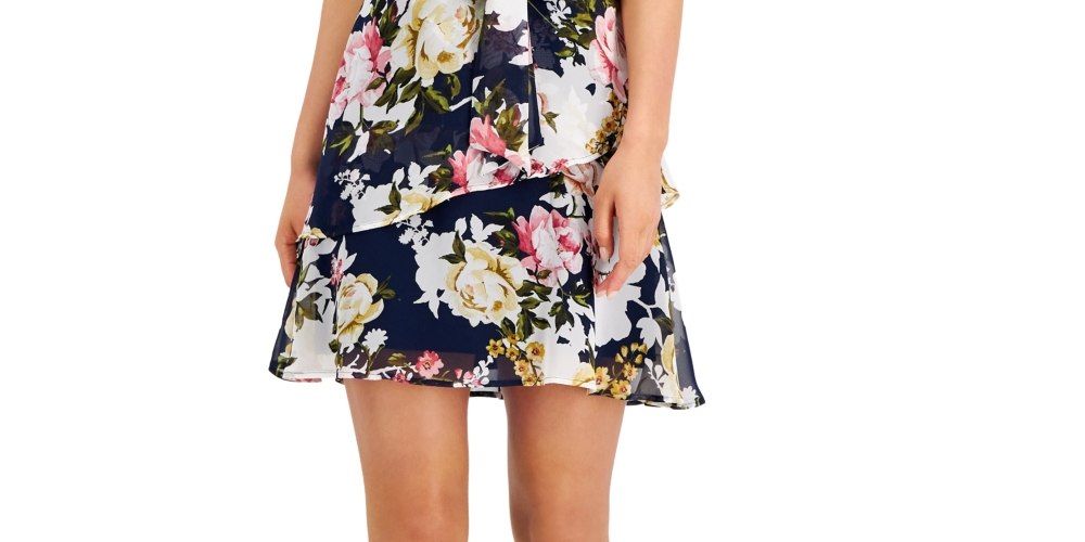 Connected Women's Tiered Chiffon Fit & Flare Dress Blue Size 8Petite