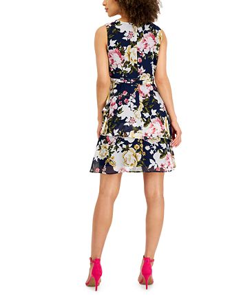 Connected Women's Tiered Chiffon Fit & Flare Dress Blue Size 10Petite