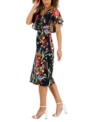 Connected Women's Printed Popover Midi Dress Blue Size 8Petite