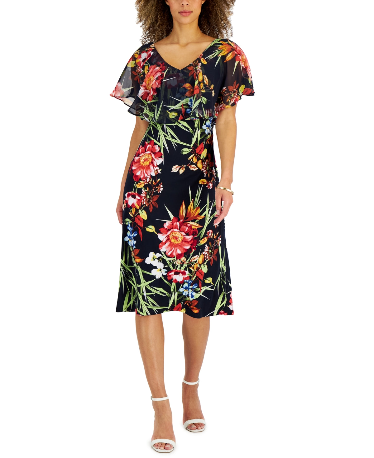 Connected Women's Printed Popover Midi Dress Blue Size 8Petite