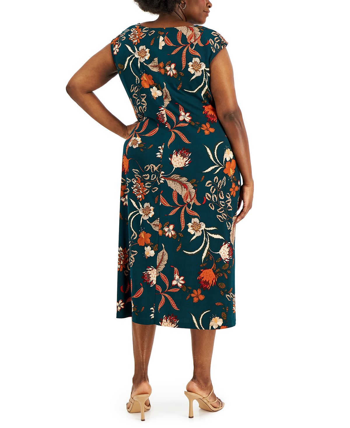 Connected Women's Printed Cowlneck Midi Dress Green Size 22W
