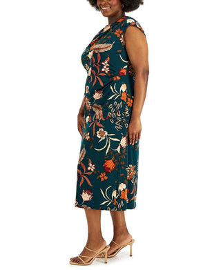 Connected Women's Printed Cowlneck Midi Dress Green Size 22W