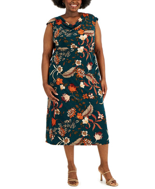 Connected Women's Printed Cowlneck Midi Dress Green Size 22W