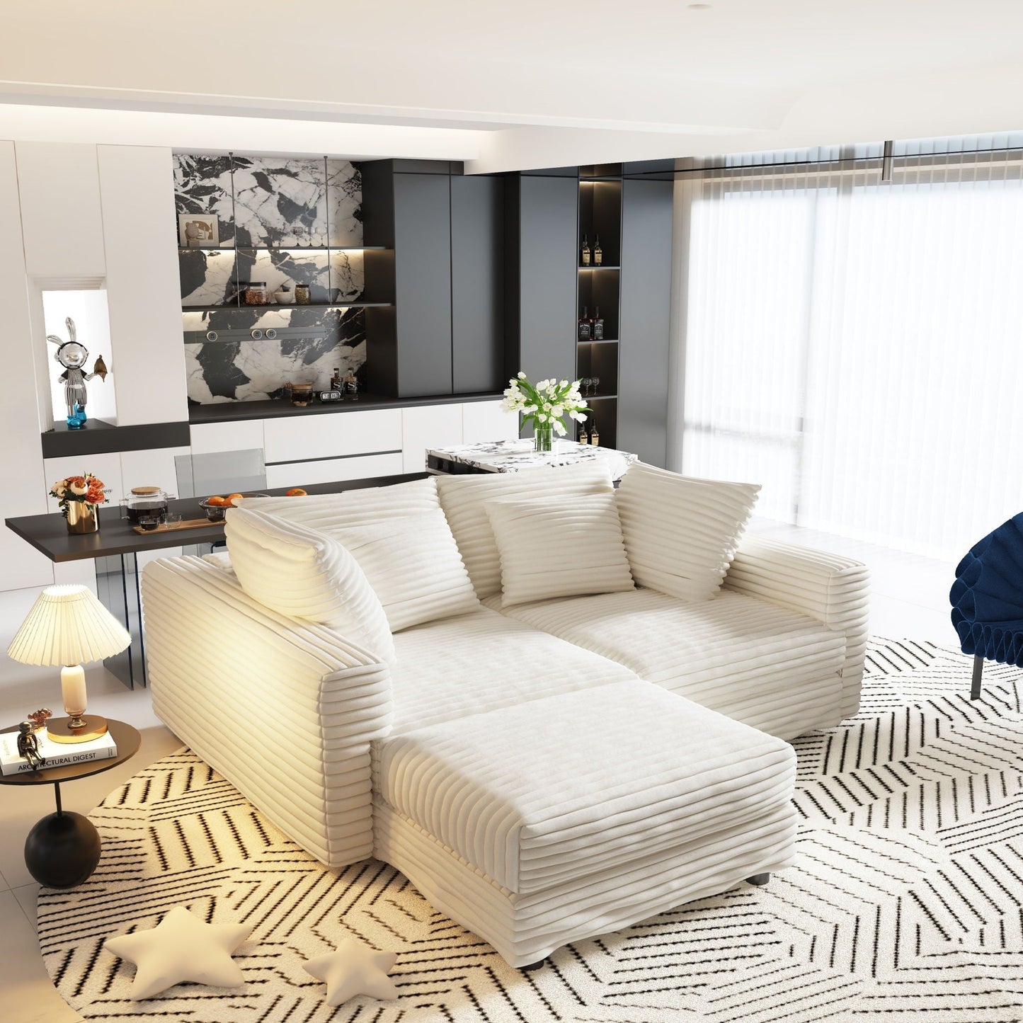 4 Seat Sofa With Soft Pillows And Movable Ottoman