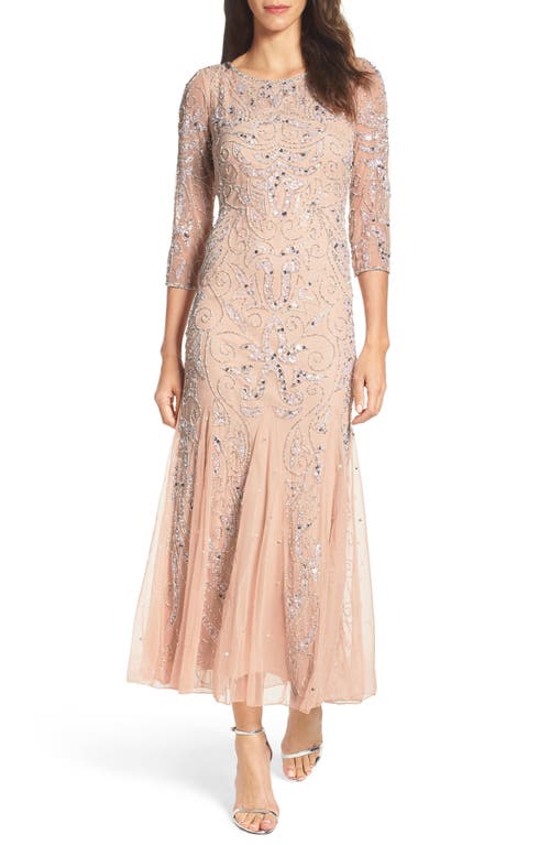Pisarro Nights Illusion Sleeve Beaded A-Line Gown in Blush, Size 14