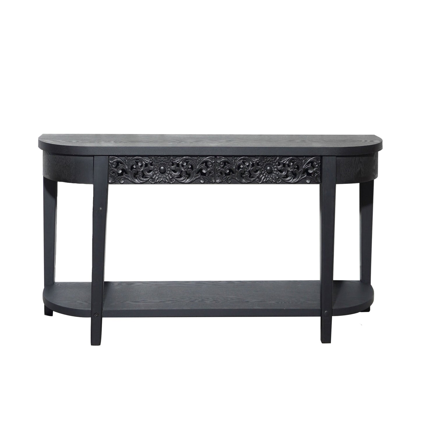 59.2in Black Carved Wooden Console Table with Lower Storage Shelf and Drawers