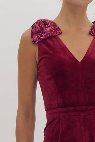 Entro - Velvet Sequin Bow Shoulder Jumpsuit