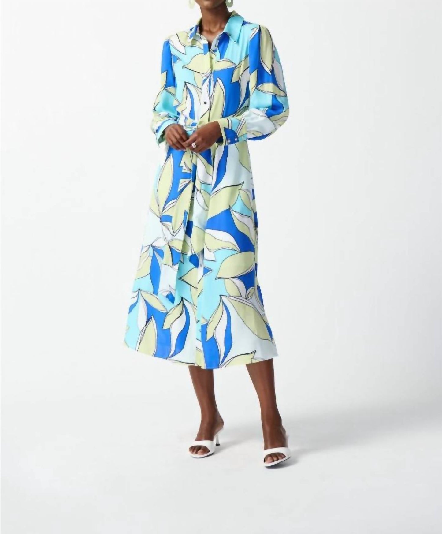 Joseph Ribkoff - Leaf Print Waist Tie Midi Shirt Dress