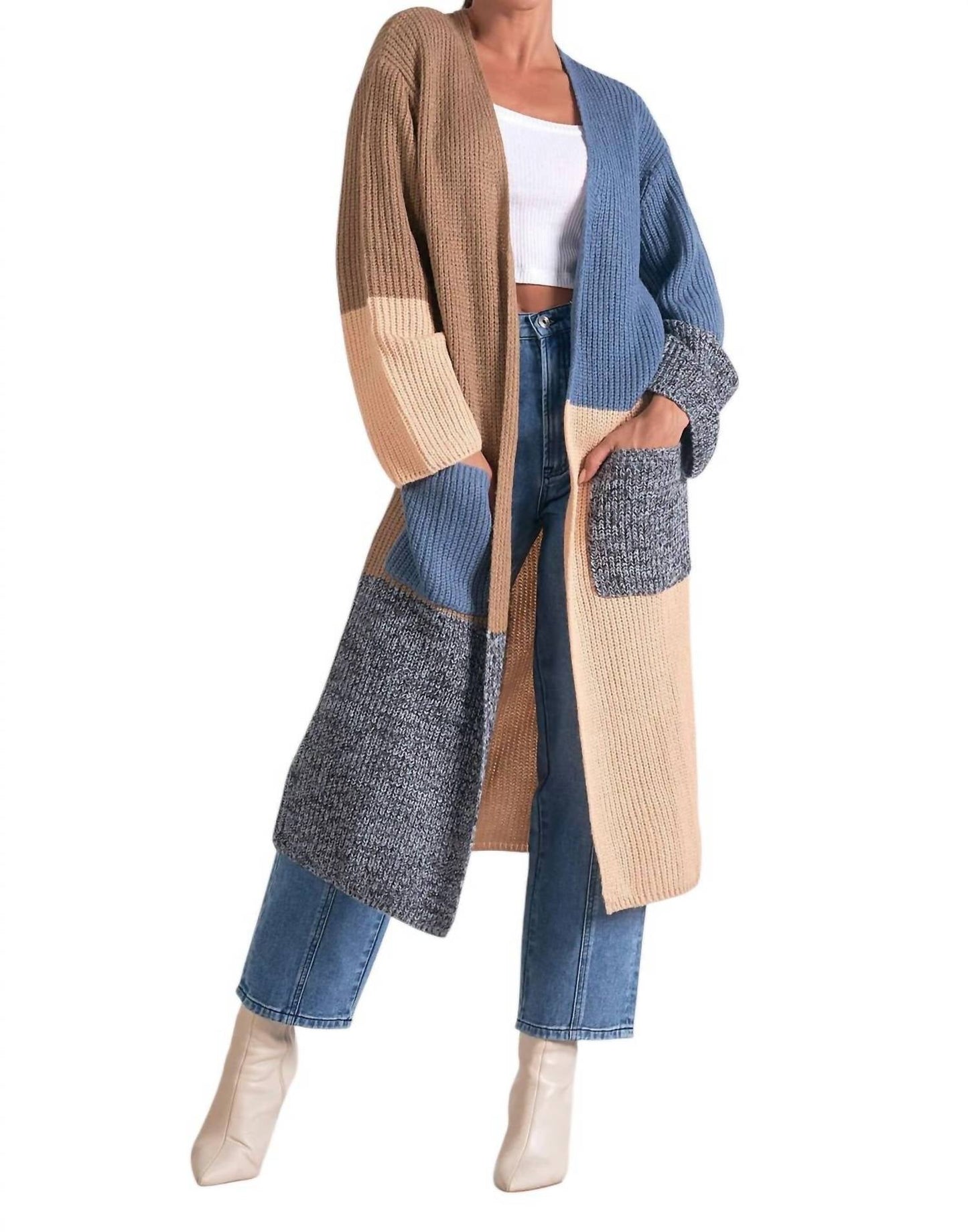 Elan - Long Colorblock Duster Sweater with Pockets