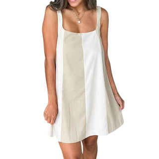 Mable - Linen Color Block Sleeveless A-line Mini Dress