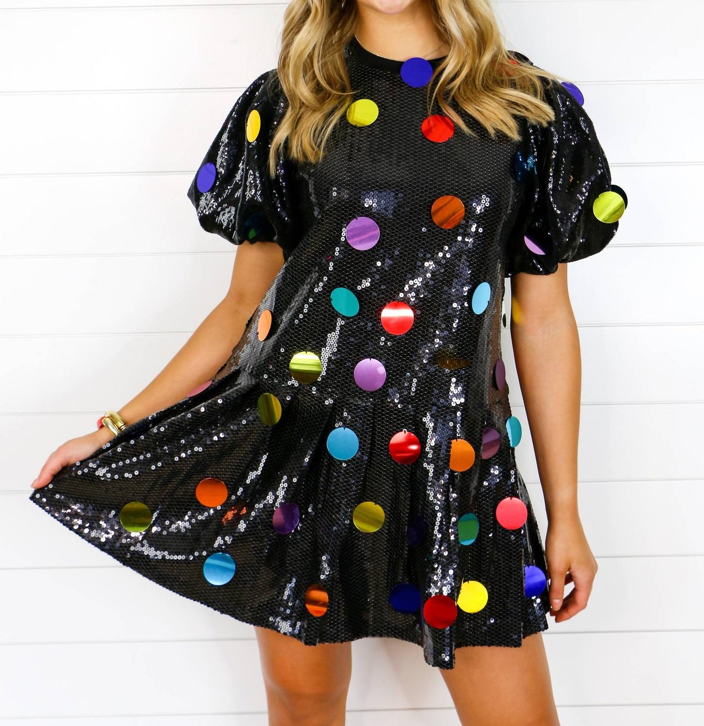 Queen Of Sparkles - Sequin Poof Sleeve Rainbow Paillette Dress