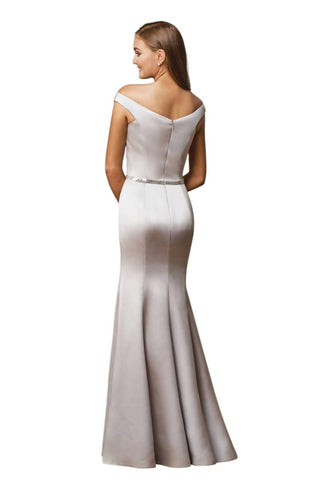 Belsoie - Long Off-the-Shoulder Marquis Satin Bridesmaid Dress