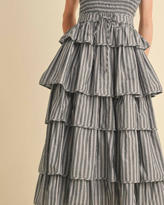 &Merci - Multi Stripe Smocked Bodice Layered Midi Dress
