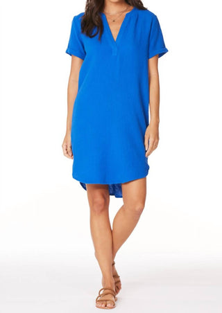 Bobi - Short Sleeve Split Neck Short Dress