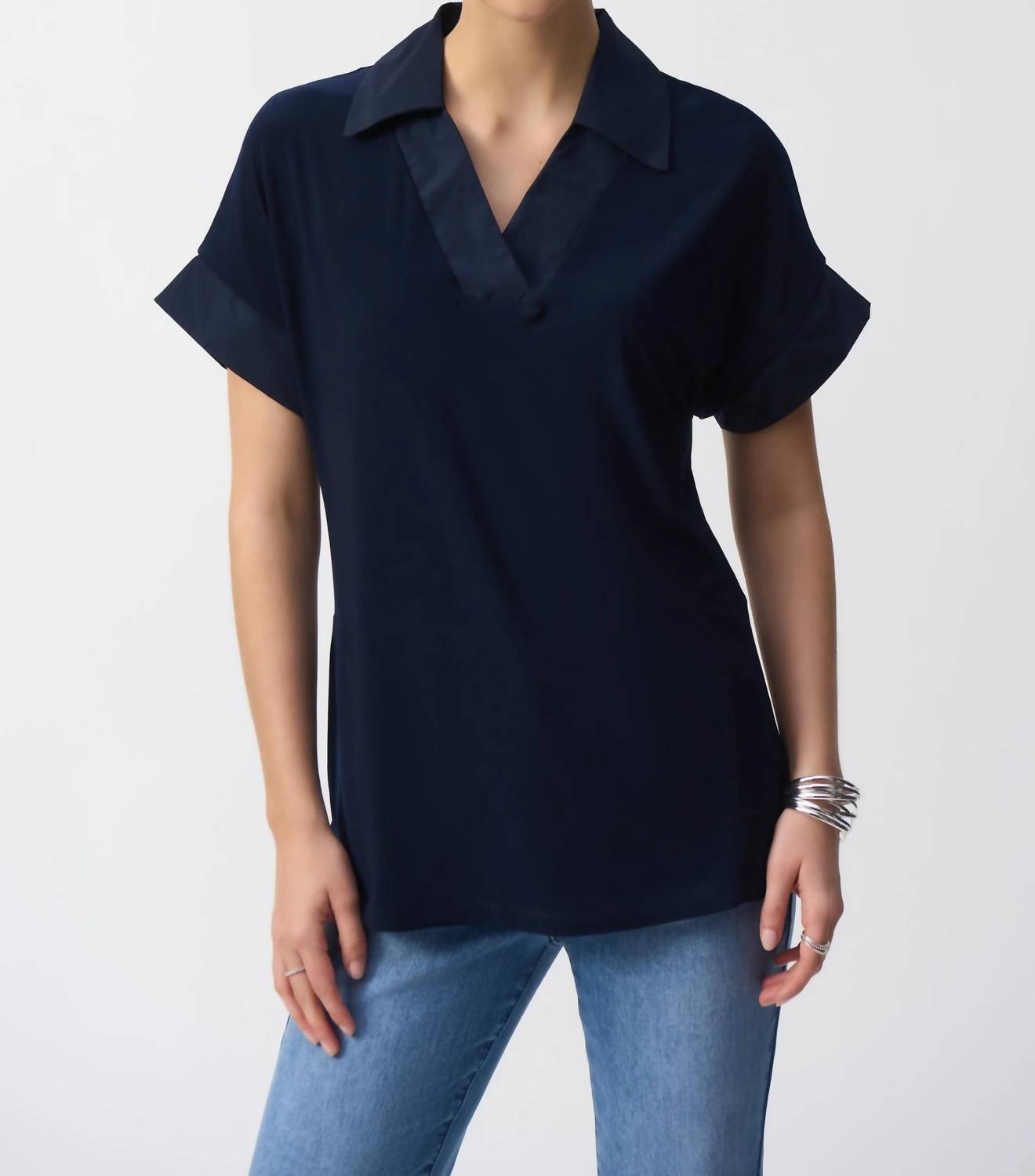 Joseph Ribkoff - Collared V-neck Short Sleeve Top