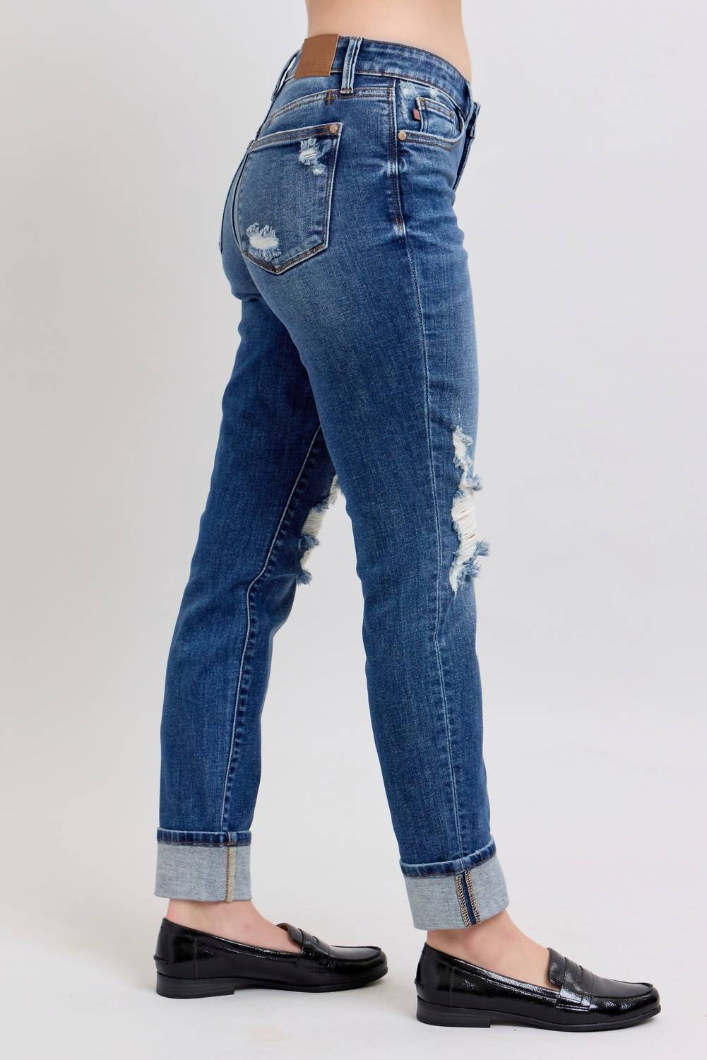 Judy Blue - Distressed Knit Boyfriend Cuffed Jean