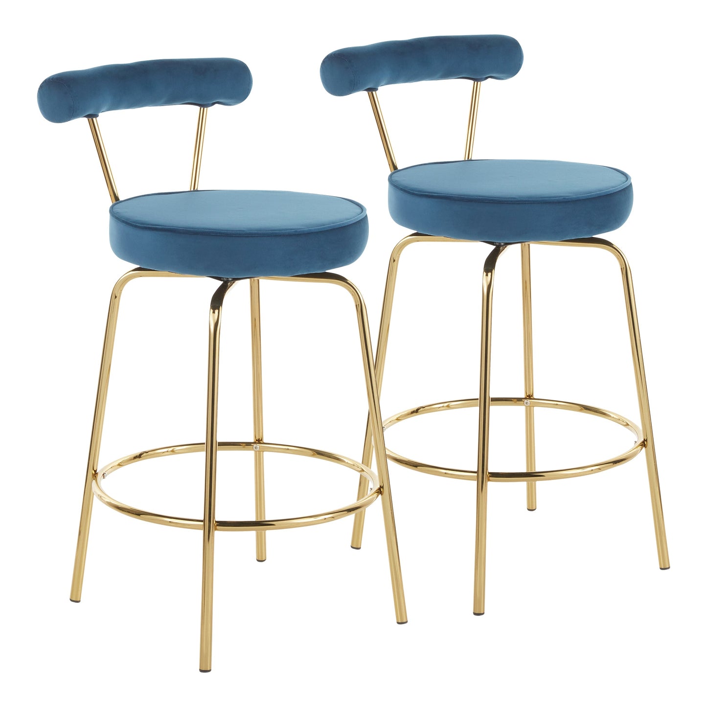 Rhonda Glam Counter Stool in Gold Metal and Blue Velvet - Set of 2
