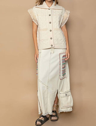 Pol - Crochet Button Down Lace Trim Sweater Vest