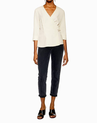 Topshop - V-Neck 3/4 Sleeve Belted Crepe Wrap Blouse